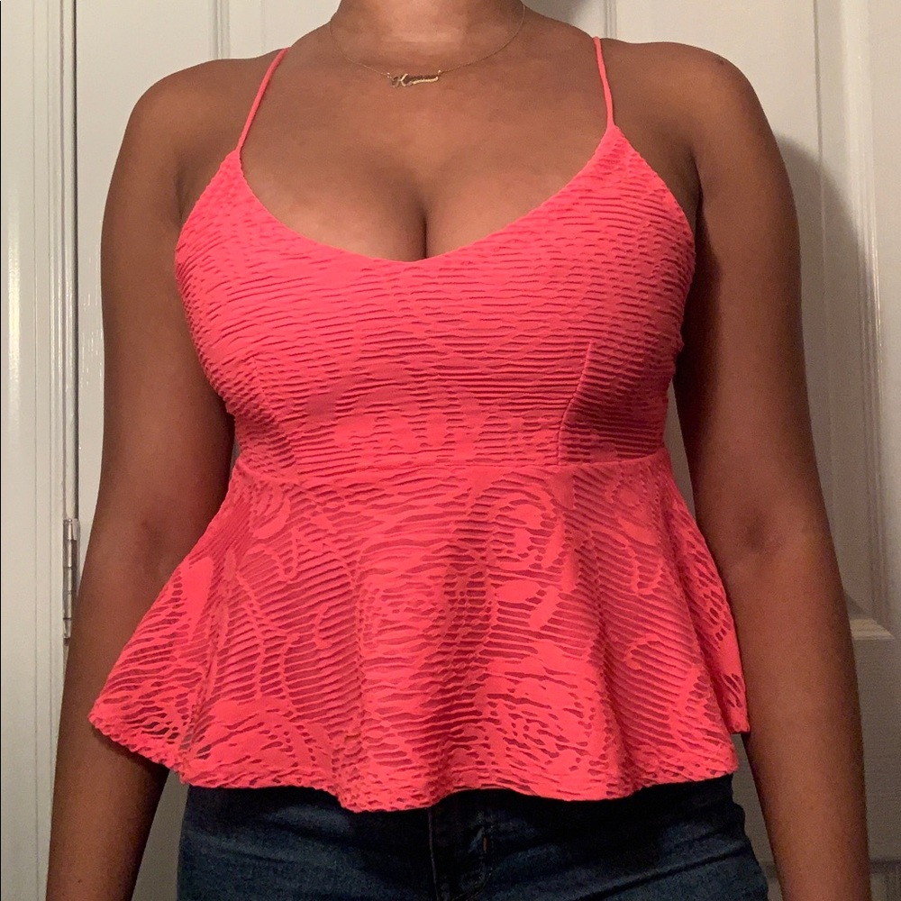 Highlighter Pink Peplum Top w/ Rose Pattern